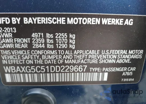2013 BMW 528I из США, поврежденный, VIN WBAXG5C51DD229667